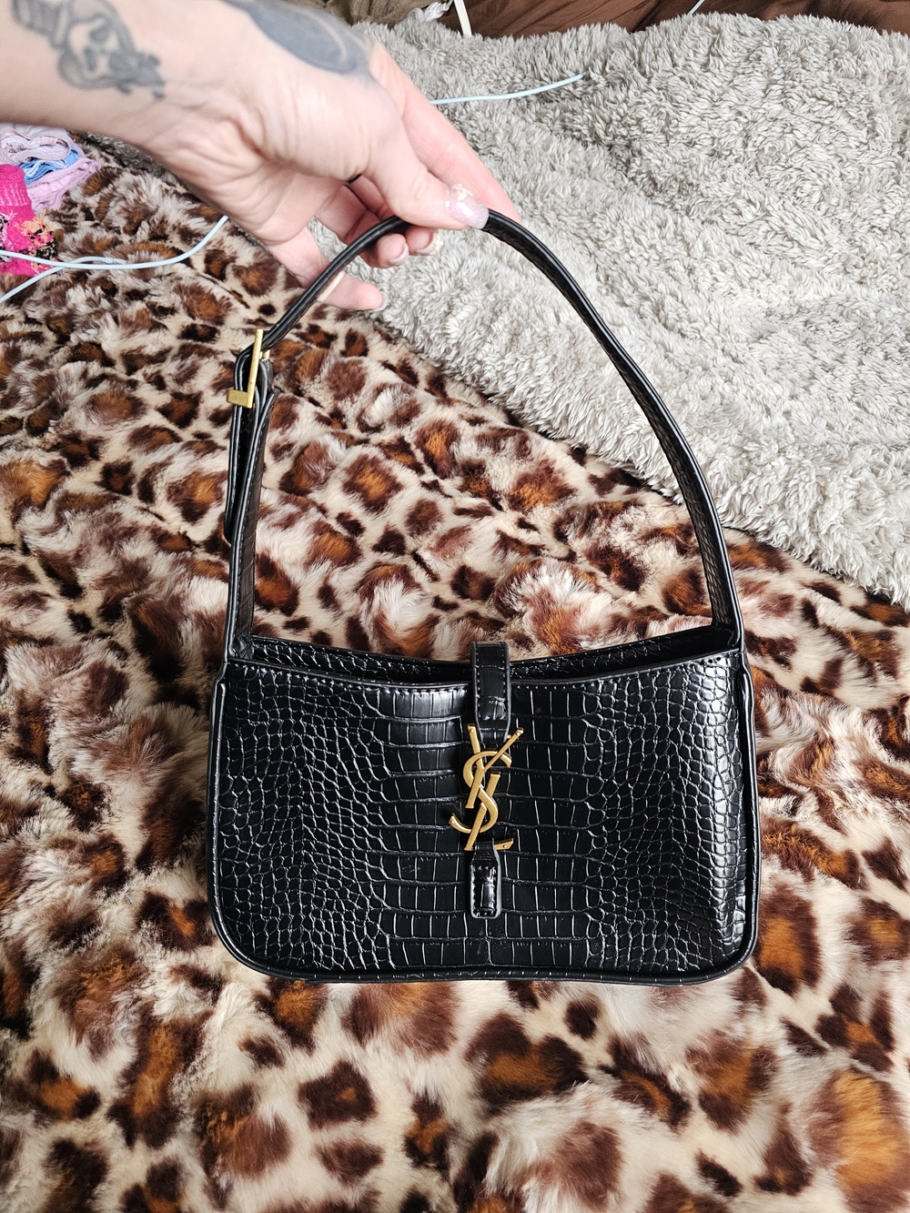 Yves Saint Laurent Black Croc-Embossed Shoulder Bag with Gold Hardware